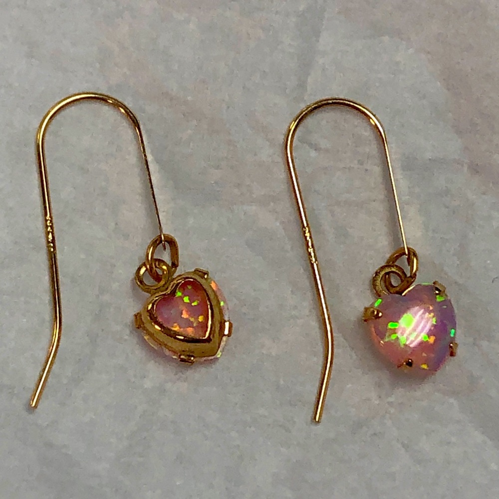 Gold Pink Opal Heart Shaped Pierced Earrings - Picture 2 of 6